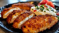 Crispy breaded chicken cutlets sliced and served on black plate with creamy sauce and fresh herbs, close up view of juicy meat with golden crust.