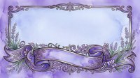 Ornate purple and lavender decorative frame with scrolling flourishes and botanical elements, featuring blank banner space for text overlay, suitable for invitations, certificates, and design projects.