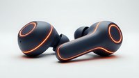 Wireless earbuds with charging case featuring black matte finish and orange accent lines, isolated on white background for product design and marketing use.