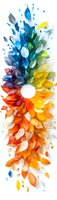 Colorful paper leaves arranged in rainbow gradient pattern forming circular wreath design on white background. Artistic composition with blue, green, yellow and orange hues.