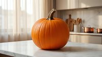 Fresh orange pumpkin on white marble kitchen counter with modern appliances and natural lighting for autumn cooking and seasonal home decor.
