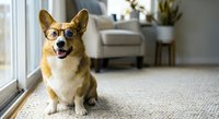 Happy corgi dog wearing glasses sitting on carpet in modern living room interior with natural window light for pet care and home lifestyle concepts.