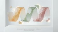 Three elegant geometric rings in gold, sage green, and rose gold tones floating in minimalist white space with soft lighting and transparency effects.