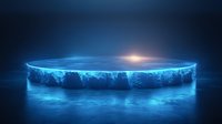 Glowing flat earth concept with illuminated edge and dark ocean surface against starry night sky background. Conspiracy theory visualization in blue tones.