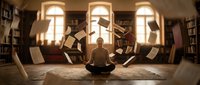 Young man meditating in library surrounded by floating books creating magical learning atmosphere. Concept of knowledge, education, mindfulness and personal growth.