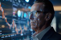 Mature businessman in glasses analyzing financial market data on virtual screen with stock charts and trading indicators reflected in dark office environment.
