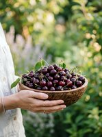 Person in white linen holding wooden bowl filled with fresh dark cherries in garden setting with blurred green foliage background. Harvest concept.