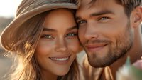Young diverse couple sharing intimate moment outdoors at golden hour, with warm sunlight creating romantic atmosphere and natural glowing skin tones.