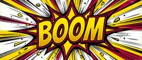 Comic book style explosion with BOOM text in bold yellow letters on starburst background with red and white radiating lines for pop art designs.