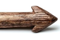 Rustic wooden arrow carved from natural wood branch showing rough texture and directional symbol against white background, isolated for design projects.