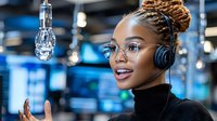 Young African American female customer service representative wearing headset and glasses in modern office environment with blue lighting and digital displays.