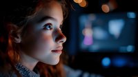 Young Caucasian woman with curly red hair gazing thoughtfully at glowing computer screen in dark room with colorful bokeh lights creating atmospheric tech workspace.