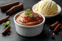 Warm spiced caramel sauce in white ramekin with vanilla ice cream scoop, cinnamon sticks and mint garnish on dark slate background for dessert recipes.