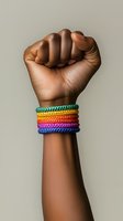 Raised black fist wearing rainbow colored braided bracelets against neutral background symbolizing unity, pride, strength and solidarity in social justice movement.