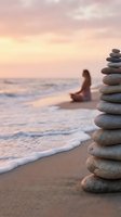 Zen stone stack on beach at sunset with woman meditating in background creating peaceful mindfulness scene for wellness and spiritual balance concepts.