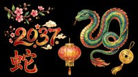 Lunar New Year 2037 Year of the Snake clipart set with snake, lantern, coin, cherry blossom, and Chinese characters, isolated on transparent background for sublimation and print on demand.