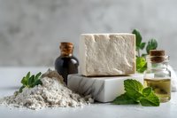 Natural handmade soap bar with essential oils, clay powder, and fresh mint leaves on marble surface against neutral gray background.