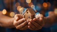 Hands holding wooden house model with glowing shield protection symbols, representing home security, insurance coverage, and property safety concept.