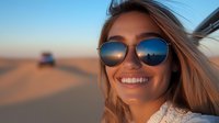 Young Caucasian woman with blonde hair wearing aviator sunglasses smiling at sunset, desert sand dunes and car in background, wind blowing through hair, warm golden light.