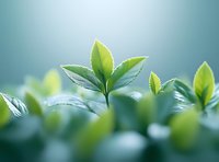 Fresh green leaves growing in soft morning light with water drops, shallow depth of field creates dreamy natural bokeh effect, environmental concept.