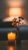 Glowing orange candle and silhouetted wildflowers in vase against warm sunset background create peaceful atmospheric mood for wellness and meditation spaces.