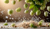 Fresh green hop cones with water drops splashing on wooden surface against warm background. Natural ingredients for craft beer brewing process.