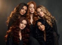 Five diverse women with long wavy hair in black outfits posing together for beauty salon advertisement, hair care products marketing campaign.