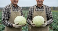 Two male farmers in plaid shirts and aprons holding fresh cabbages in agricultural field during harvest season for organic farming and vegetable production.