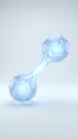 Translucent blue molecular structure with two connected spheres floating on clean white background for scientific and educational content design.