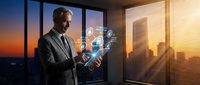 Mature male professional in dark business suit examining digital interface with glowing icons in modern office at sunset, representing technology innovation and corporate strategy.