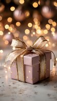 Elegant pink gift box with gold ribbon bow against warm bokeh lights background, perfect for holiday or celebration designs.