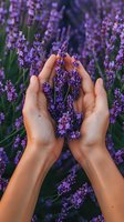 Female hands gently holding blooming lavender flowers in garden. Purple aromatic plants captured in soft natural lighting against blurred floral background.