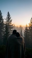 Couple wrapped in blanket watching sunrise over misty forest with evergreen trees, romantic outdoor adventure and nature connection for travel and lifestyle content.