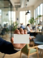 Person holding blank white business card in modern office environment with colleagues working in background, suitable for corporate branding and professional networking concepts.