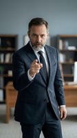 Confident mature businessman in gray suit pointing finger at camera in modern office environment for corporate leadership and authority concepts.