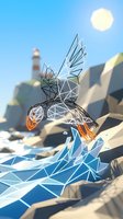 Geometric low poly seagull flying over coastal rocks with lighthouse and ocean waves in polygonal art style for modern design projects.