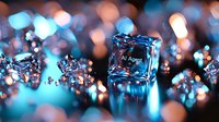 Glowing AI Agent text on crystal ice cube against blurred bokeh background in blue and orange tones, modern technology concept for artificial intelligence.