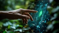 Human hand touching digital interface with glowing blue technology elements and circuit patterns against natural green background, representing digital transformation.