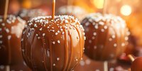 Caramel candy apples with sea salt sprinkles on wooden sticks against warm bokeh background. Sweet autumn treat with dripping chocolate coating and crystal garnish.