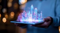 Digital hologram of futuristic city skyline emerging from tablet screen with glowing neon buildings and light effects against dark background with bokeh lights.