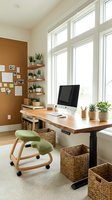 Modern home office interior with wooden desk, computer, plants and ergonomic kneeling chair by large windows for productive remote work environment.