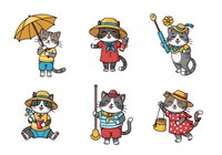 Cartoon cats in various outfits holding umbrellas, fishing rods, and seasonal accessories. Isolated clipart characters on white background, ready for design projects, children's illustrations, and merchandise applications.