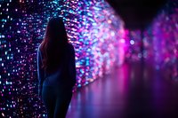 Young woman silhouette standing against glowing purple and blue bokeh lights tunnel background creating magical atmosphere for creative projects.