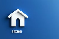 White house icon on blue background with shadow and text below. Minimalist design for web, apps, and real estate presentations.