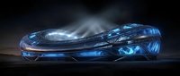 Futuristic spaceship with glowing blue lights hovering above ground in dark atmospheric setting for sci-fi concept design and digital art projects.