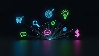 Digital marketing concept with glowing neon icons connected by lines on dark background. Business strategy, online commerce, social media networking.