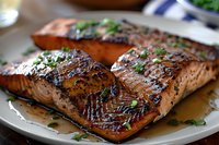 Grilled salmon fillets with caramelized glaze and fresh herbs on white plate, juicy fish steaks in savory sauce garnished with chopped parsley.