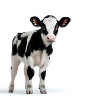 Young Holstein calf with black and white spots standing on white background, looking directly at camera. Isolated farm animal for agricultural and dairy industry designs.