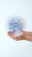Hands holding a glowing digital trust framework hologram with security, privacy, and transparency icons for cybersecurity and data protection concepts.