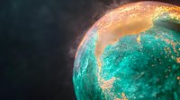 Glowing planet Earth with vibrant turquoise oceans and golden continents against dark space background for environmental and technology concepts.